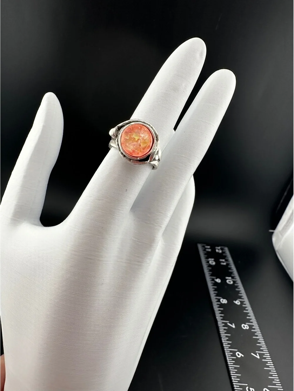 Adjustable Silver Tone Ring with Orange Marbled Stone